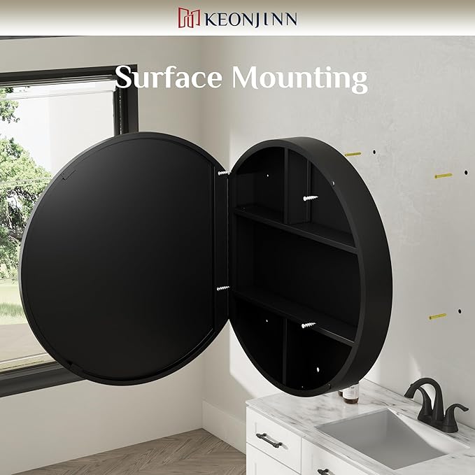 Keonjinn 26 in Round Black Black Medicine Cabinet with Mirror, Surface Mount Metal Frame Mirror Medicine Cabinet, Farmhouse Bathroom Cabinet with Circle Wall Mounted Vanity Mirror Detachable Shelves