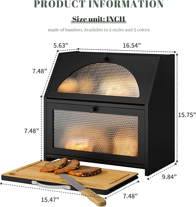 STDDRE Bamboo Bread Box with Cutting Board, Double Layer Extra Large Bread Storage Bin with Door Panel for Kitchen Counter (Black)