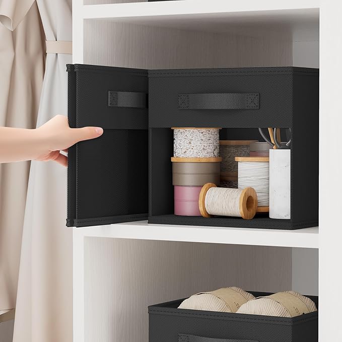 DIMJ Collapible Storage Cubes, 12.2 Inch Cube Storage Bins with Window, Fabric Baskets for Shelves, Foldable Cube Storage Organizer Cube Bins for Closet, Shelves, Home, Office, 6 Packs, Black