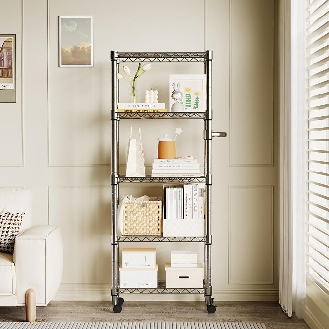 Garvee 5-Tier Storage Shelves Heavy Duty Metal Wire Rack Shelving, 1100 LBS Capacity Rolling Storage Rack with Wheels, for Living Room Pantry Kitchen Bedroom Organization