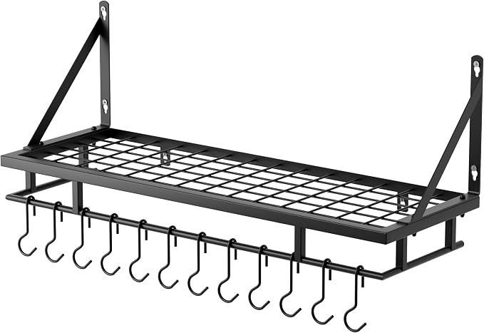 KES 30-Inch Kitchen Pan Pot Rack Wall Mounted, Hanging Storage Organizer | 88 Lbs Capacity, Wall Shelf with 12 Sturdy Hooks, 16-Inch Stud Mount, Matte Black, KUR215S75A-BK