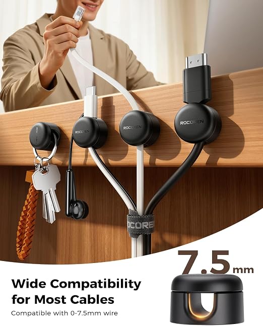 Rocoren 50 PCS Cable Management Kit, 10 Magnetic Rotatable Cable Clips & 40 Reusable Hook and Loop Cord Straps, Cord Holder Organizer Accessories for Under Desk, Nightstand, Home & Office