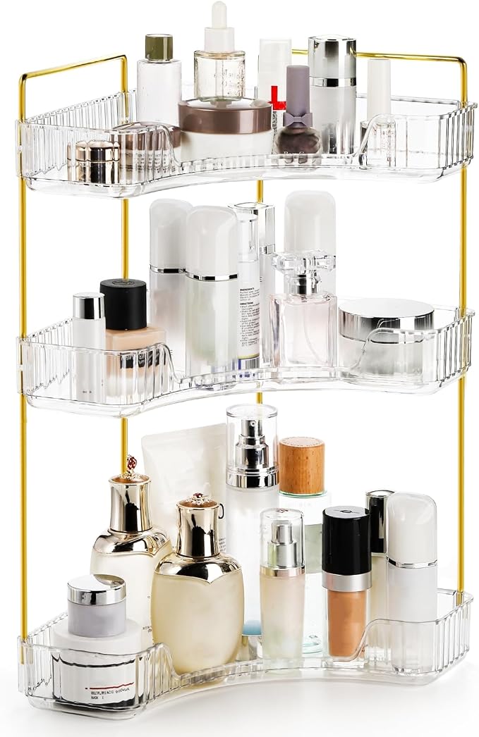 Cididu 3 Tiers Corner Bathroom Counter Organizer, Clear Countertop Shelf Storage Rack, Cosmetic Perfume Tray Standing Holder with Gold Metal Pole, Skincare Sink Organizer for Vanity Kitchen