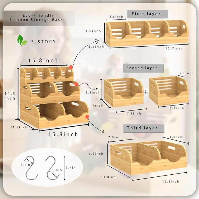 Upgraded 3 Tier Bamboo Pantry Storage Bins,Large potato storage | With 2 Banana Hangers,Stackable Potato and Onion Storage Bin with Airflow Vent,Vegetable Storage,for Kitchen Countertop