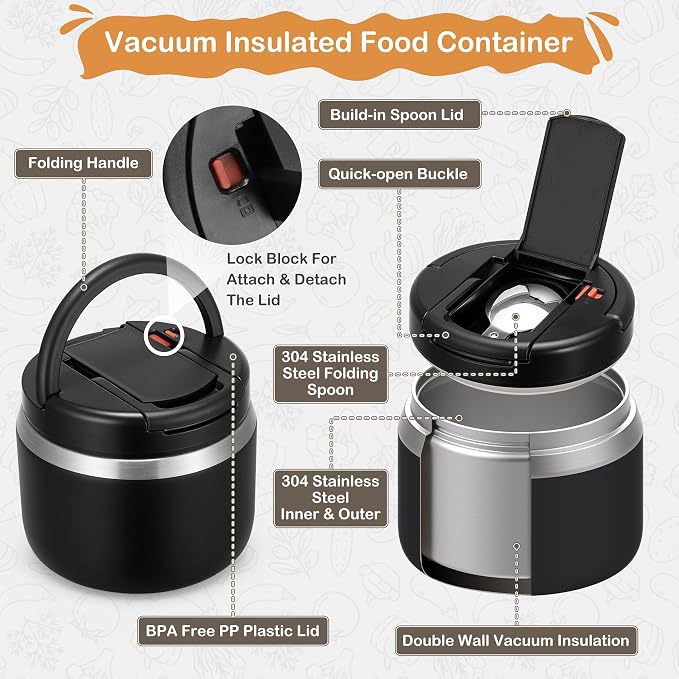 MAXSO 14oz Vacuum Insulated Food Jar with Spoon Buckle Lid, Kids Soup Thermo for Hot Food Wide Mouth Leakproof Stainless Steel Lunch Container - Black
