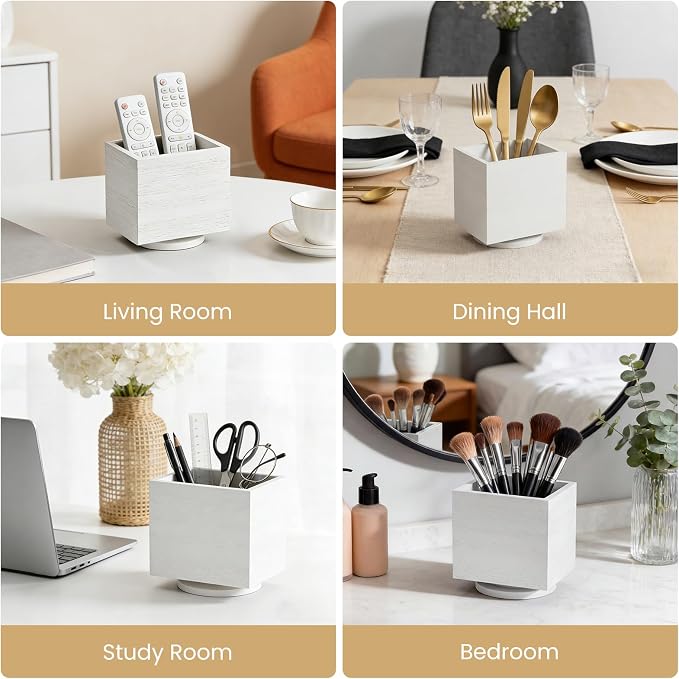 360° Rotating Remote Control Holder, Wooden TV Remote Holder for Table, Desk Organizer Caddy Media Storage Box for Living Room,Nightstand,Couch (White)