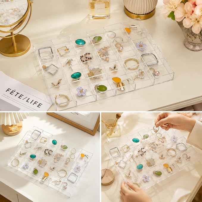 Large Clear Jewelry Organizer Display Tray, Storage Case for Rings, Earrings, Necklaces, Acrylic Drawer Organizer Trays (24 Grids)