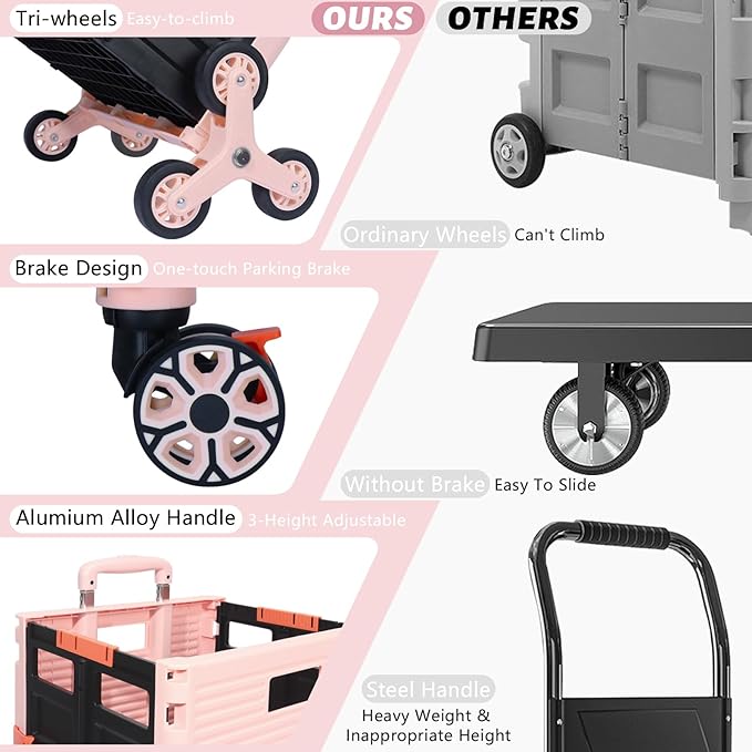 FELICON SELORSS Folding Utility Cart Portable Rolling Crate Handcart with Stair Climbing Wheels&360°Swivel Wheels Telescoping Handle Plastic Box Dolly for Travel Shop Move Office Teacher Use(Pink)