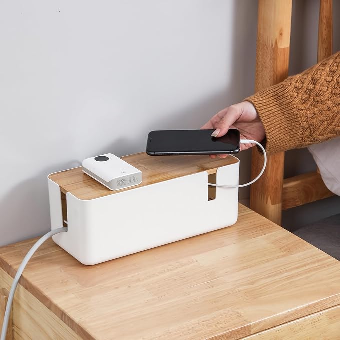 Changsuo Small Cable Management Box with Bamboo Lid for Extension Cord Power Stripe Surge Protector Wire Concealer Organizer Cover Hider (White)