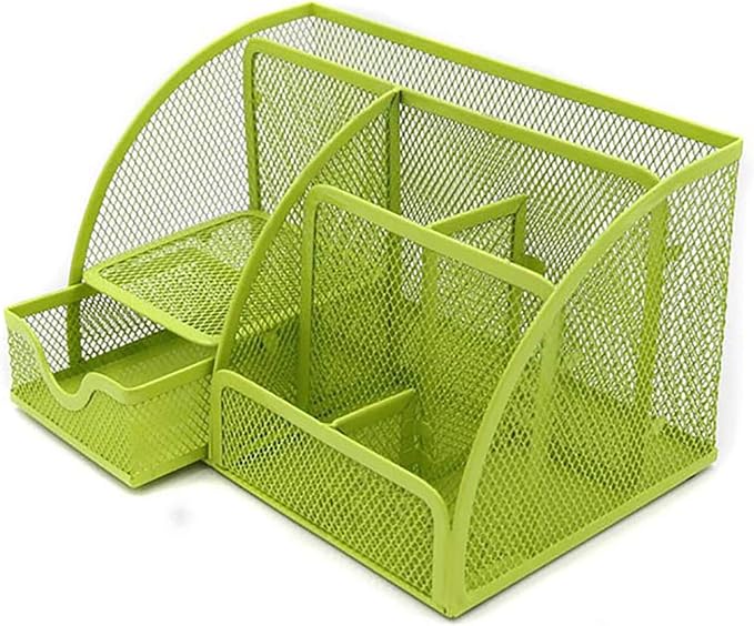 VANRA Office Supply Caddy Mesh Desk Organizer School Supply Holder 6 Compartments with Drawer (Green)