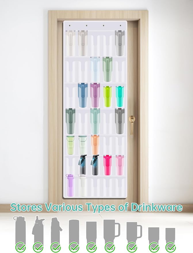NiHome 35-Pocket Door Hanging Cup Organizer Fit for Stanley Tumbler 30 40oz | Large Capacity Over the Door Water Bottle Storage with Nano Tape, Waterproof Oxford Fabric, U-Shaped Handle Slots (White)