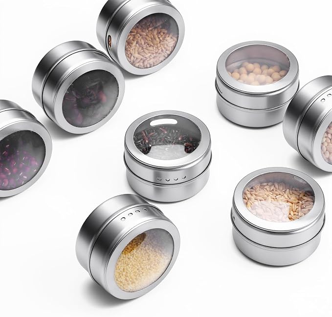Set of 8 Magnetic Spice Tins with 2 Metal Wall-Plates, 100 Preprinted Labels, 3 oz Clear Lid Jars for Kitchen Refrigerator Storage
