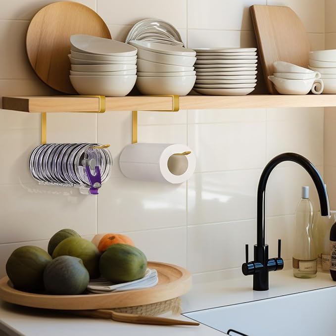 Tumbler Lid Organizer, Versatile Tumbler Lid Storage Holds 10 Lids, Gold | Space Saving Cup Lid Organizers Inside Cabinet Tumbler Lid Hook for Kitchen Organizer and Storage, Paper Towel Rack Hanger