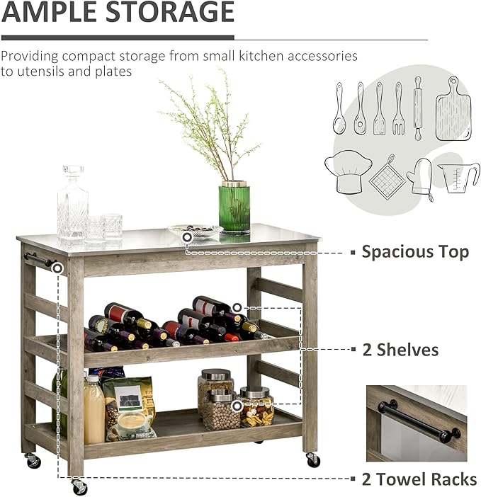 HOMCOM Rolling Kitchen Cart with Stainless Steel Countertop, Grey | Kitchen Butcher Block Cart, 1 Bottom Shelf, 1 Slotted Middle Shelf, 4 Castor Wheels