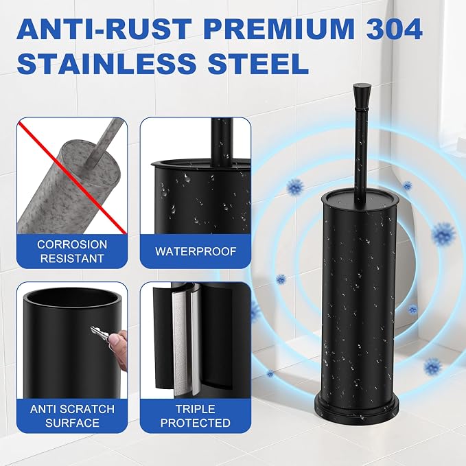 Toilet Brush and Holder Set：304 Stainless Steel Heavy Duty Toilet Bowl Brush，Removable Inner Bowl and Splash Protection，Bathroom Toilet Brush-Dense Bristles for Through Cleaning