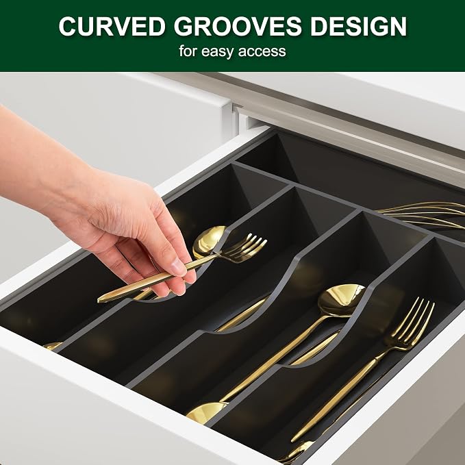 Utensil Organizer 10'' Silverware Drawer Organizer Cutlery Kitchen Bamboo | Natural Bamboo Black, 5 Compartment, Durable, Small Narrow Organizer, Silverware Tray, Utensil Holder, Silverware Organizer