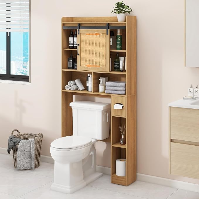 Vabches Over The Toilet Storage Cabinet with Sliding Barn Door. Rattan Oak | Farmhouse Storage Cabinet with Toilet Paper Holder Stand, Home Space-Saving Toilet Rack, for Bathroom, Restroom, Laundry