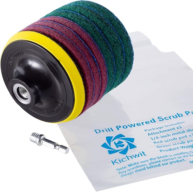 4 Inch Drill Powered Brush Tile Scrubber Scouring Pads Cleaning Kit | Pad Holder and Metal Shaft Included