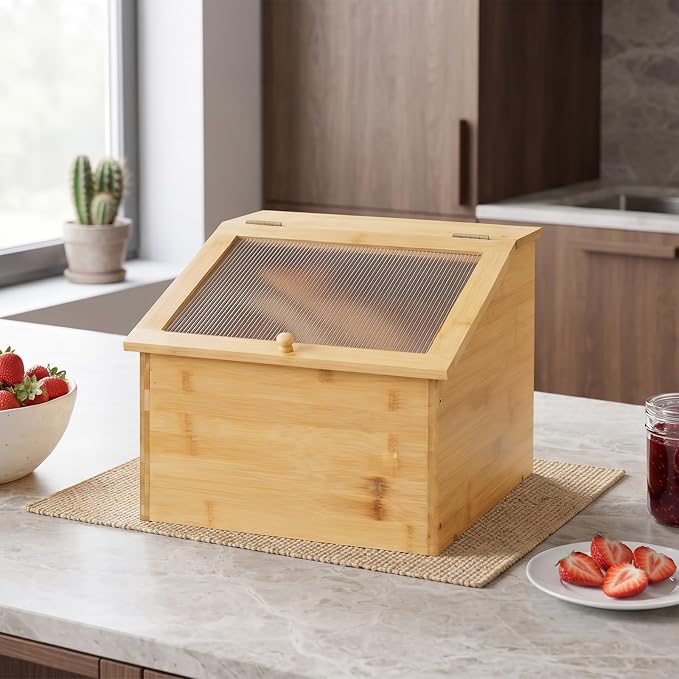 HOOBRO Bread Box, Bread Storage Container, Bread Box for Kitchen Countertop | Bamboo Bread Box with Fluted Acrylic Door, Bread Bin for Pantry, Farmhouse Bread Holder, Breadbox Organizer, Large Bread Box