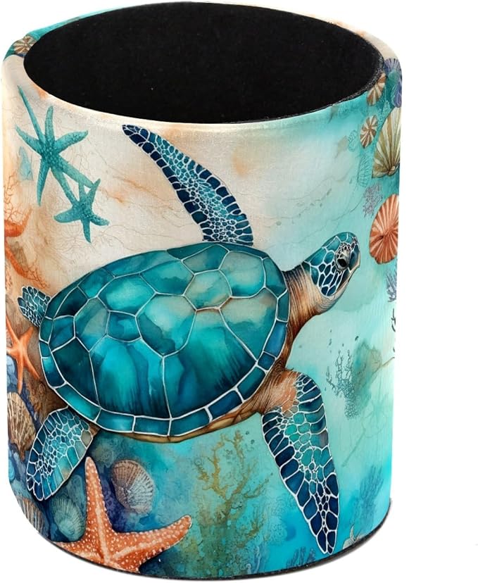 Ocean Turtles and Starfish Pen Holder Pencil Organizer for Desk, 3.1”x 3.1”x3.9” Pencil Cup Office Supplies, Large Capacity Cute Pen and Makeup Brush Holder for School, Desktop