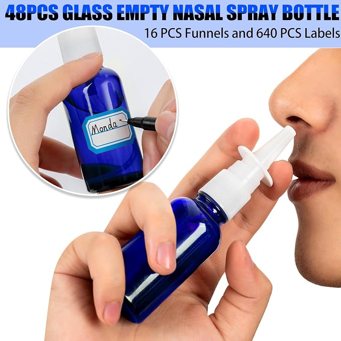 80 Pcs Nasal Spray Bottle Empty, Blue Glass Refillable Fine Mist Nasal Spray Bottles with 16 Funnels and 16 Labels (30ML/1oz)