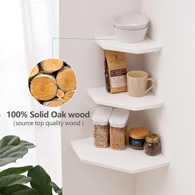 Corner Wall Shelf, Solid Oak Wood White Floating Corner Shelf Organizer with Wire Hole Small Plant Display for Kitchen Living Room Bedroom