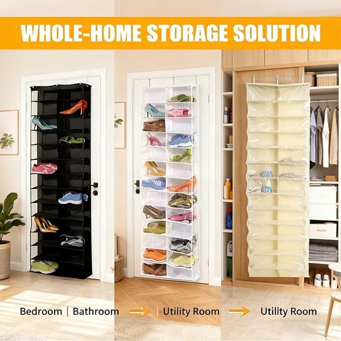 Hoodie Sweatshirt Storage Organizer, Over the Door Sweatshirt Organizer, 26-Pocket Clear Holder, Pockets Wall Shoes Bag, Portable Closet Wardrobe,63"L X 22"W X 6.3"H,Cabinet Behind The Doors (White)