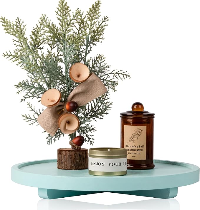 Round Decorative Tray Farmhouse Kitchen Decor Soap Dish, 12" Light Blue | Waterproof, Lightweight, Easy Clean, Wood Riser Pedestal Stand Accessories for Office Desk, Vanity, Counter, Sink