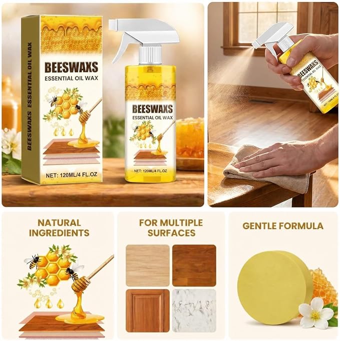 2026 New Beeswax Wood Polish Spray – Natural Beeswax Furniture Polish & Wood Cleaner for Cabinets, Tables & Floors, Multi-Purpose Wood Care Spray for Shine, Conditioning & Surface Protection, 8 fl oz