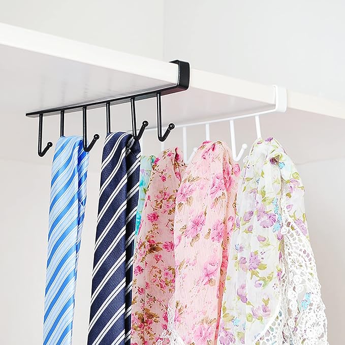 1 Pack Hanging Hooks Rack Under Cupboard Cabinet Cup Holder Kitchen Utensils Holder 6 Hooks Drilling Free Coffee Cups Holder Kitchen Utensil Storage Organizer Hook Rack (White)