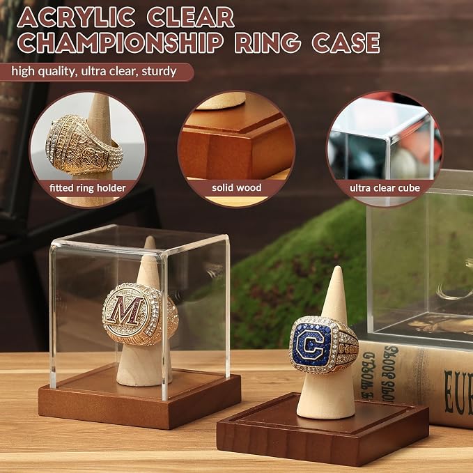 JupDec Championship Ring Display Case 2 Pack, Clear Acrylic Single Ring Holder with Wood Stand Base for Sports Basketball Baseball Fan Souvenirs Military, UV Protection