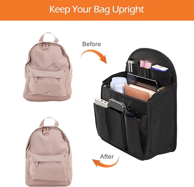 Surblue Backpack Organizer Insert Liner Hanging Travel Rucksack Purse and Handbag Insert Pocket, High-capacity Divider Foldable Nylon Shoulder Bag Organizer for Men and Women, (Black, L)