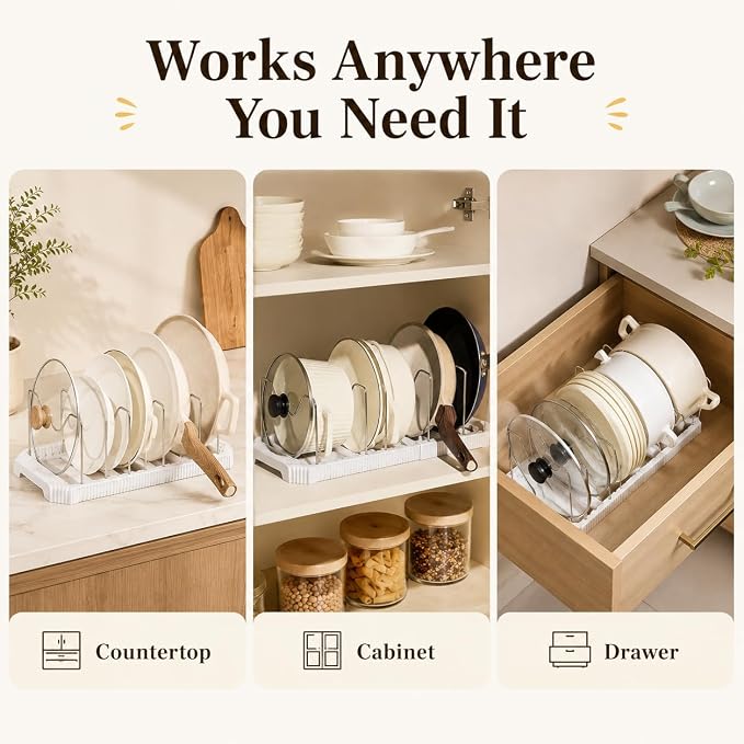 Pots and Pans Organizer Under Cabinet, Adjustable Pot and Pan Organizer Rack, 7 Stainless Steel Dividers, Pot Lid Organizer for Cabinet, Expandable Pan Organizer for Pots, Pans, Lids, Plates White