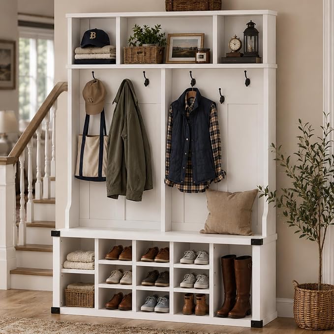 Garvee Farmhouse Entryway Hall Tree with Bench, Shoe Storage & Coat Rack | Large 5-in-1 Mudroom Storage w/ 6 Tri-Hooks & Seating, 13 Cubbies & Adjustable Shelf, Metal Corner Protctor, White