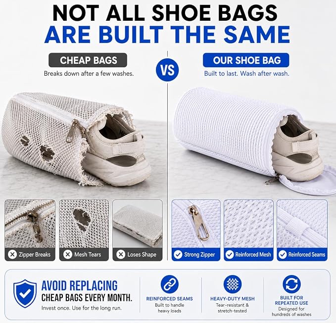 EPSCY Shoe Washing Machine Bags - Reusable Sneaker Laundry Shoe Bag with 360° Deep Clean Mesh - Self Locking Zipper, Noise Reduction Washing Bag Fits All Shoes Sizes and Types - White, Pack of 2