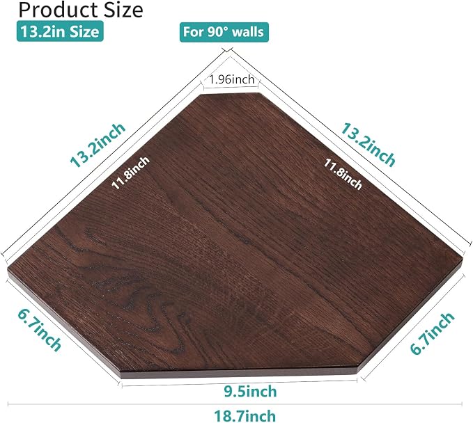 Corner Wall Shelf, Solid Oak Wood White Floating Corner Shelf Organizer with Wire Hole Small Plant Display for Kitchen Bedroom, Dark Walnut