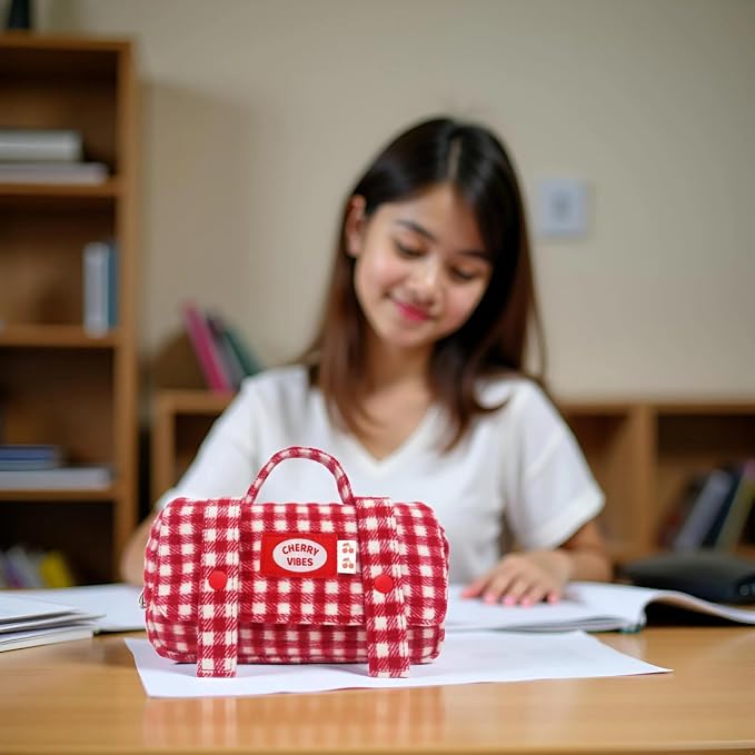 Cute Checkered Pencil Case, Red White Plaid, Large Capacity Gingham Pattern Pen Bag with Handle, Big Stationery Organizer, Multi-Use Storage Pouch, 8.7x1.6x4.7 Inches, Red