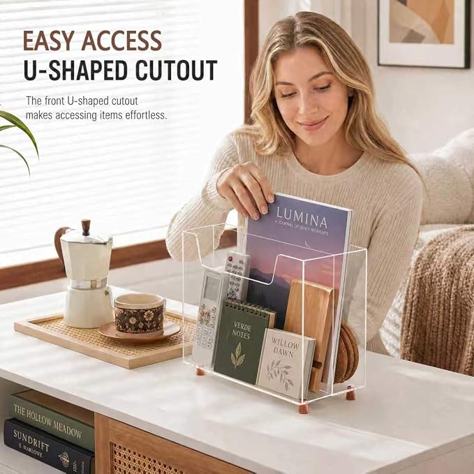 [Upgraded Size]Acrylic Magazine Holder, File & Magazine Rack Floor, Crystal Clear Desk Organizer with Gold Feet, Space-Saving Storage for Office Supplies,Home Office,Book,Newspaper,Study,Vinyl Record