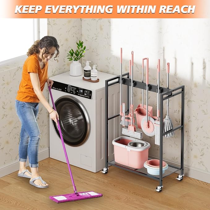 Broom and Mop Holder, MUNNAR Broom Closet Storage Cabinet, Cleaning Cart with Broom and Mop Hanger, Janitorial Cart with Wheels for Household, Laundry Room Organization