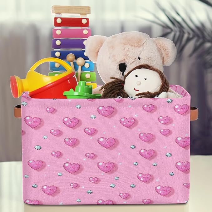 Cube Storage Bins for Shelves, Glitter Pink Hearts And Diamond Collapsible Fabric Toys Storage Basket Box with Handles for Home Office Bedroom Closet