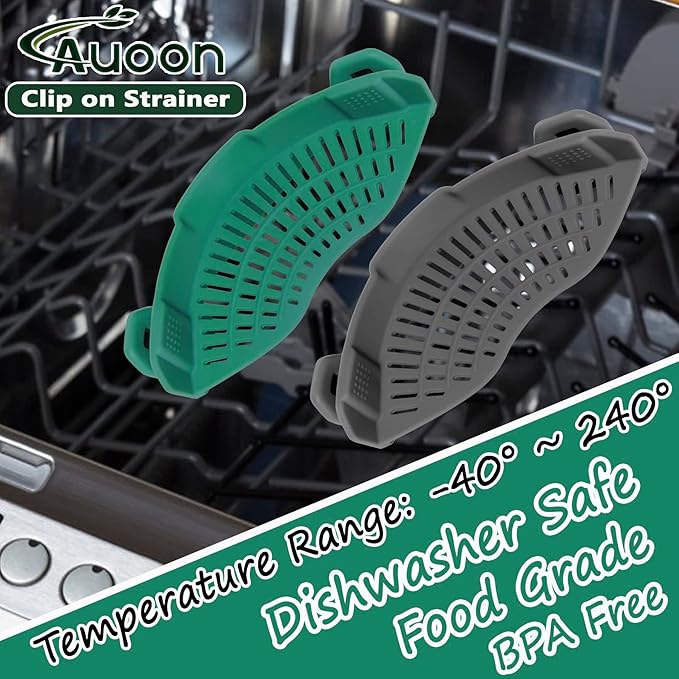 AUOON Clip On Strainer Silicone for All Pots and Pans, Pasta Strainer Clip on Food Strainer for Meat Vegetables Fruit Silicone Kitchen Colander (Sea Blue)