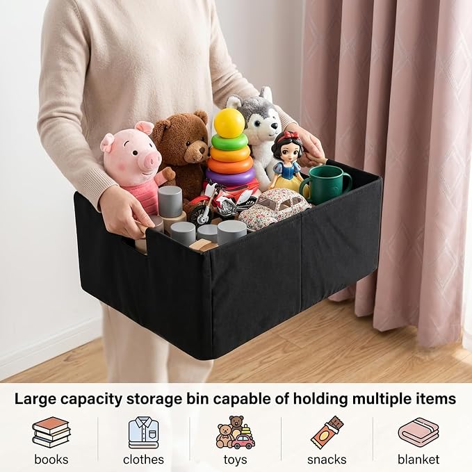 2 PACK Black Basket Black Storage Baskets Linen Decorative Storage Bins with Wooden Handles Foldable Rectangular Storage for Shelves, Closets, Home, Office