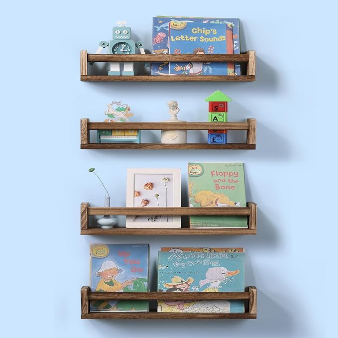 Nursery Room Shelves Set of 4, Wood Floating Book Shelves for Kids Room, Baby Book Shelf for Nursery, Kitchen Spice Rack (Carbonized)