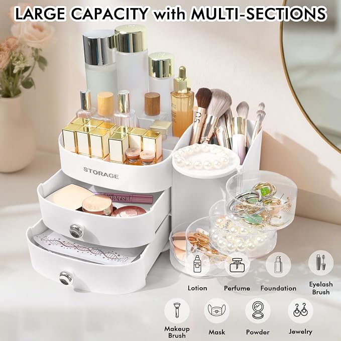 Makeup Organizer Countertop with Drawers, Make up Organizers for Vanity, Skincare Jewelry Earring Organizers, Cosmetic Display Cases Makeup Storage for Bedroom & Bathroom, Ideal Gifts for Women(White)