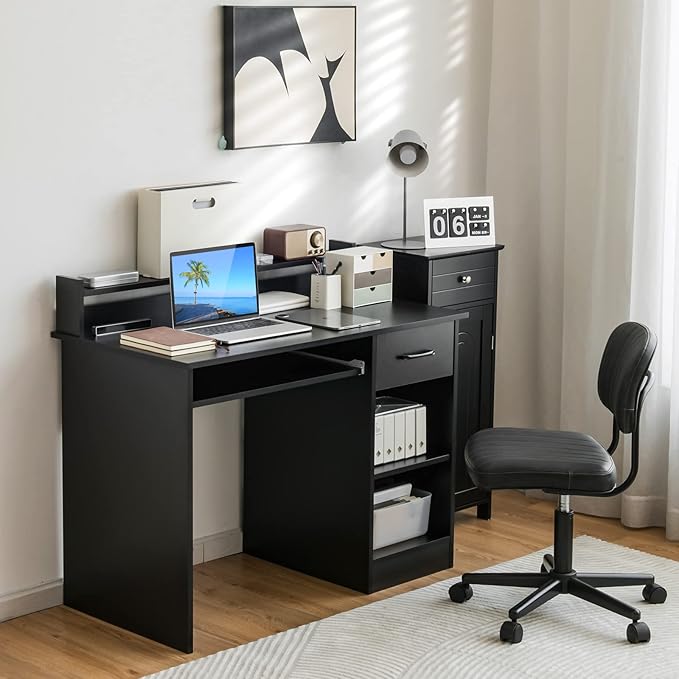 Tangkula Computer Desk with Drawer & Keyboard Tray, 22 Inch Wide Modern Study Writing Desk with Desktop Hutch & Storage Shelves, Home Office Desk for Kids, Wood PC Laptop Desk, Desk for Bedroom