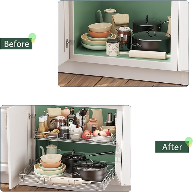 LOVMOR 2 Tier Individual Pull Out Cabinet Organizer 27" W x 21½" D, Slide Out Kitchen Cabinet Storage Sliding Shelves