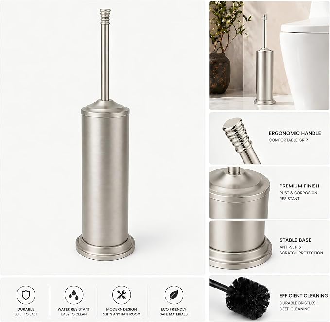 Nickel Toilet Brush and Holder Set，Extra Long Handled Toilet Bowl Brush and Holder，Stainless Steel Heavy Duty Toilet Brush for Bathroom,Deep Cleaning Modern Toilet Cleaner Slip Base