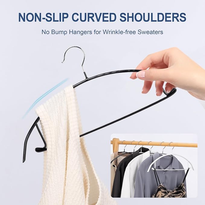 Sweater Hangers No Shoulder Bump, Non-Slip Rubber & Rust-Free Metal | Heavy Duty and Ergonomic Curved for Closet Clothes like Suits Coats Pants Dresses or Shirts, Set of 10, Black Coated