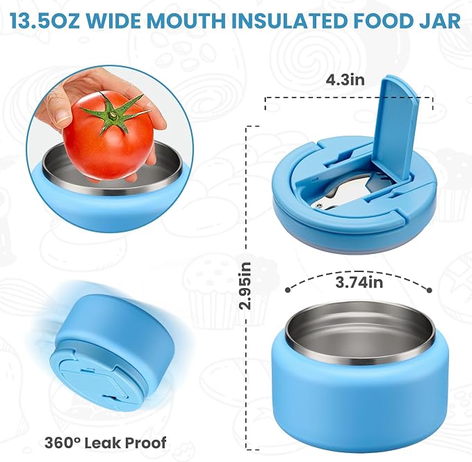 Itslife 13.5oz Vacuum Insulated Soup Thermo for Hot Food, Kids Lunch Container with Leakproof Buckle Lid, Wide Mouth Stainless Steel Food Jar with Spoon