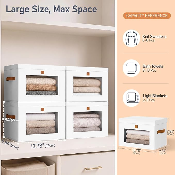 DIMJ Storage Bins with Lids - 6 Pack Front Opening Stackable Fabric Storage Boxes with Clear Window & Handles, Collapsible Closet Organizers for Clothes, Sweaters, Shelf Storage, Bedroom, White
